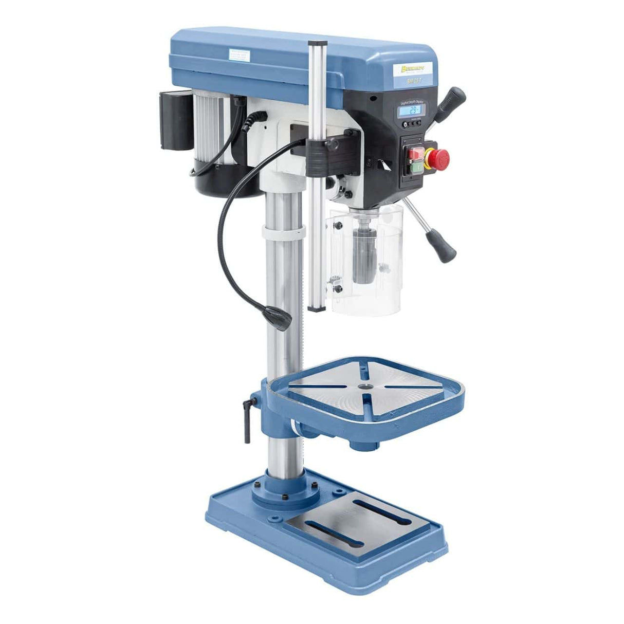 Bernardo BM 25 T / 400 V Tischbohrmaschine mit Digitalanzeige und LED – Bohrer Ø 25 mm, MT 2 Kegel, 16 Geschwindigkeiten 220–2840 U/min, 0,75 kW 400-V-Drehstrommotor, Rechts-/Linkslauf, Gewicht 57 kg