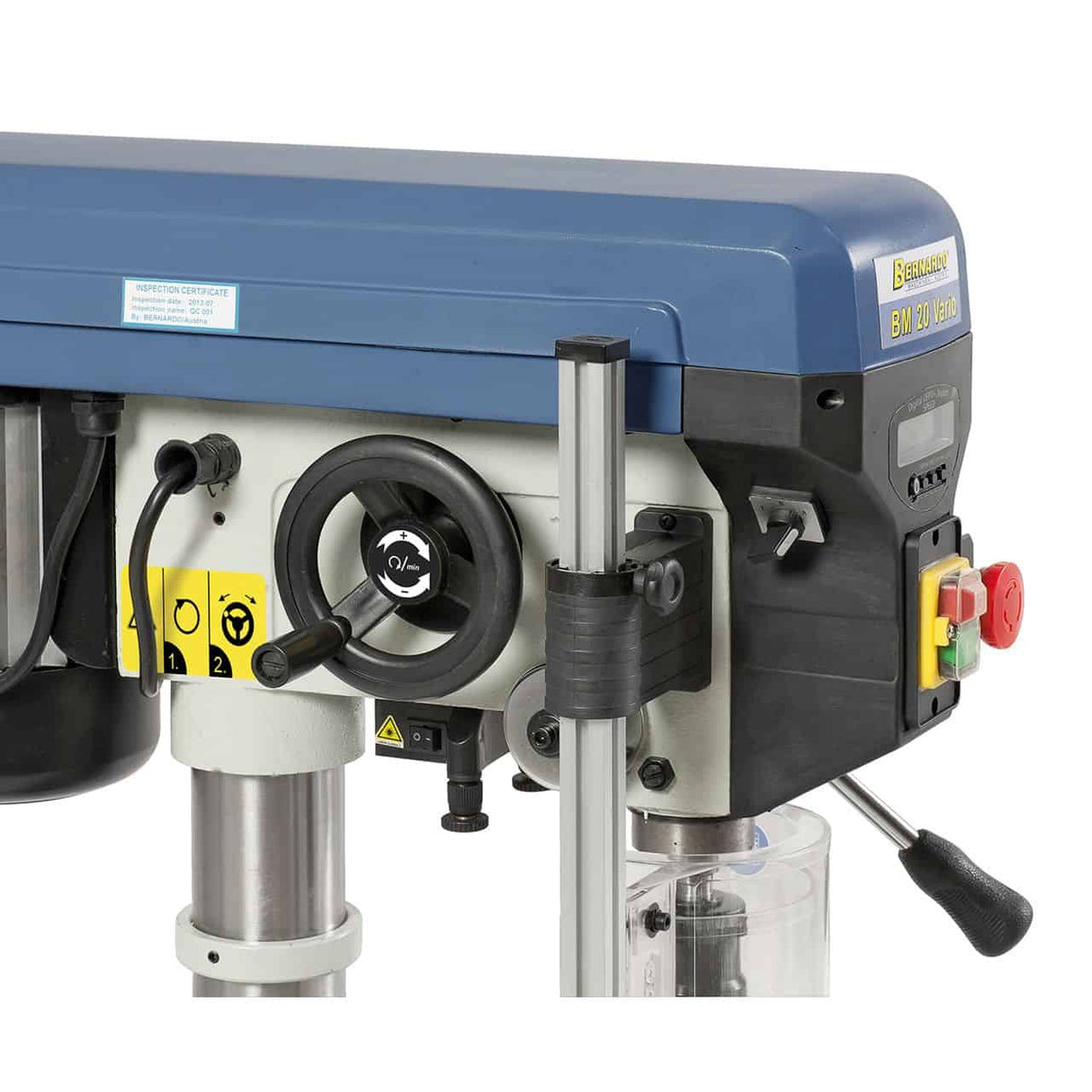 Bernardo BM 20 Vario / 230 V Tischbohrmaschine mit variabler Drehzahl und Laser – Bohrer Ø 20 mm, MT 2 Kegel, Drehzahl 400–1950 U/min, digitale Drehzahl- und Hubanzeige, 0,75 kW 230-V-Motor, Gewicht 57 kg