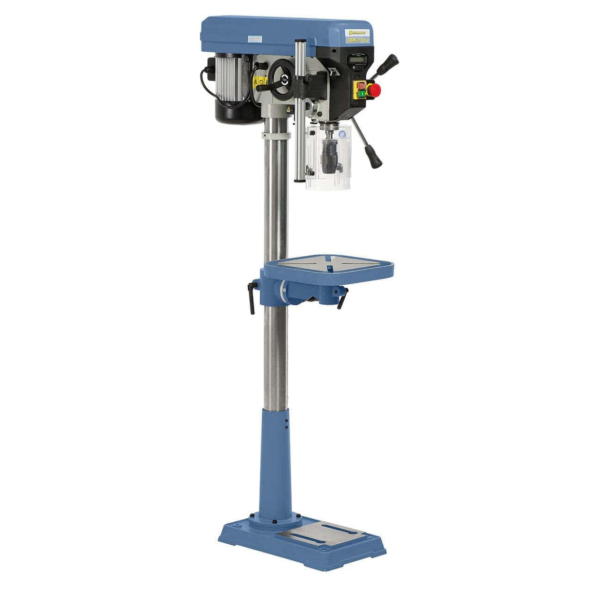 Trapano a colonna Bernardo SBM 20 Vario / 400 V con velocità Vario e laser – foratura Ø 20 mm, cono MT 2, velocità continua 400-1.950 rpm, distanza mandrino-tavola 690 mm, motore 0,90 kW 400V trifase, rotazione R/L, peso 68 kg