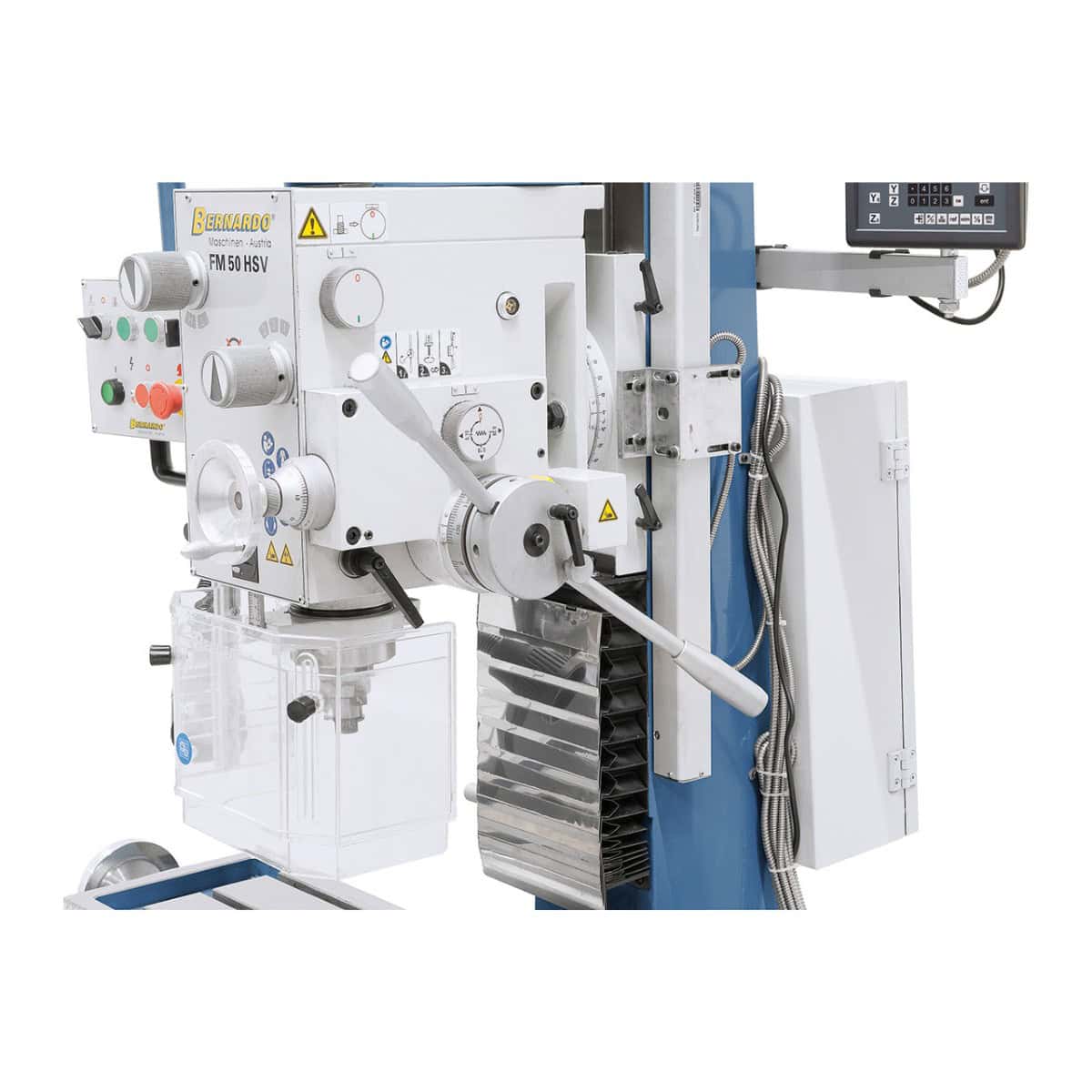 Trapano-fresatrice Bernardo FM 50 HSV cambio 12 velocità 75-3.200 rpm con motore sollevamento testa e DRO 3 assi