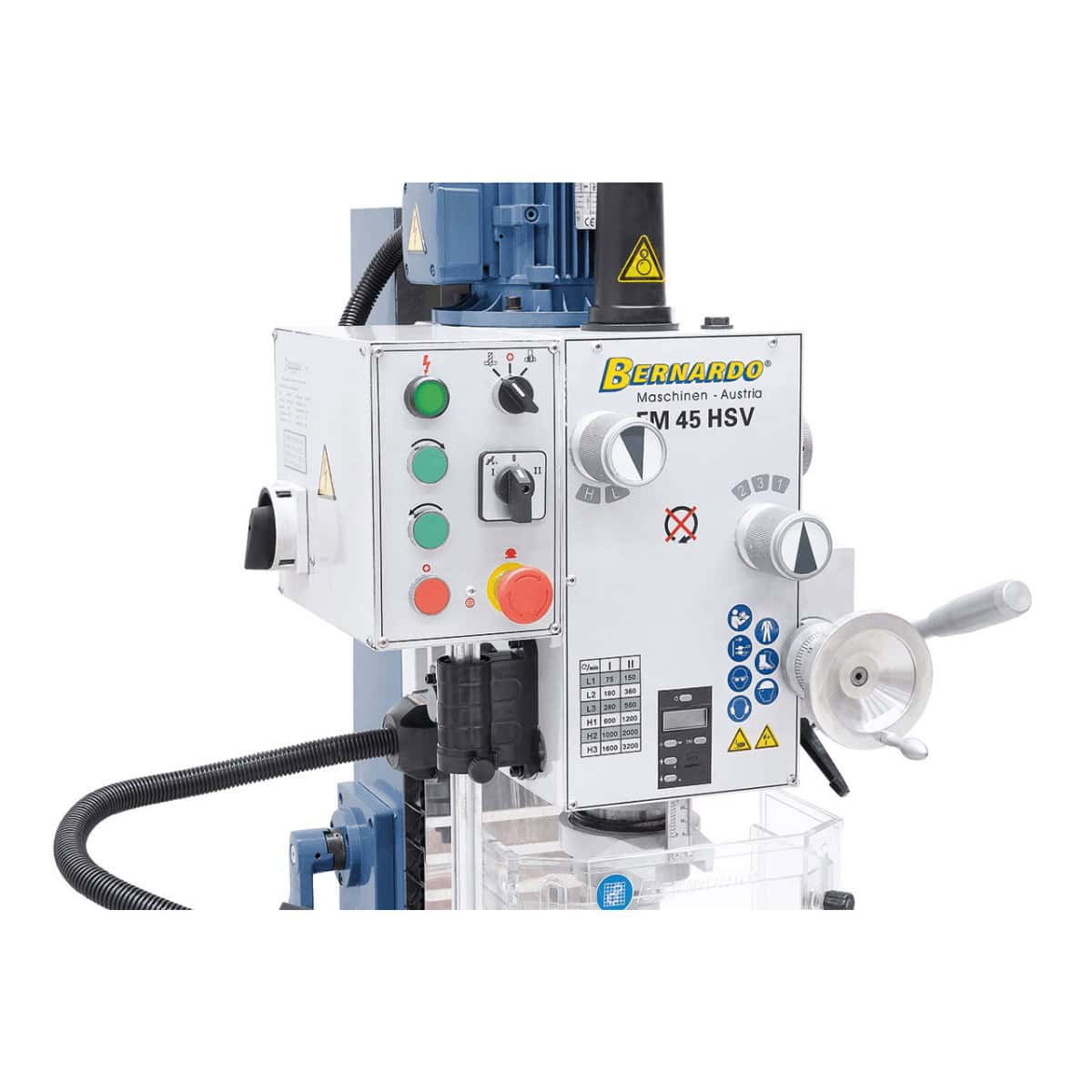 Bernardo FM 45 HSV 12-Gang-Bohr-/Fräsmaschine, 75–3200 U/min, mit 3-Achs-Digitalanzeige, ES-12 V