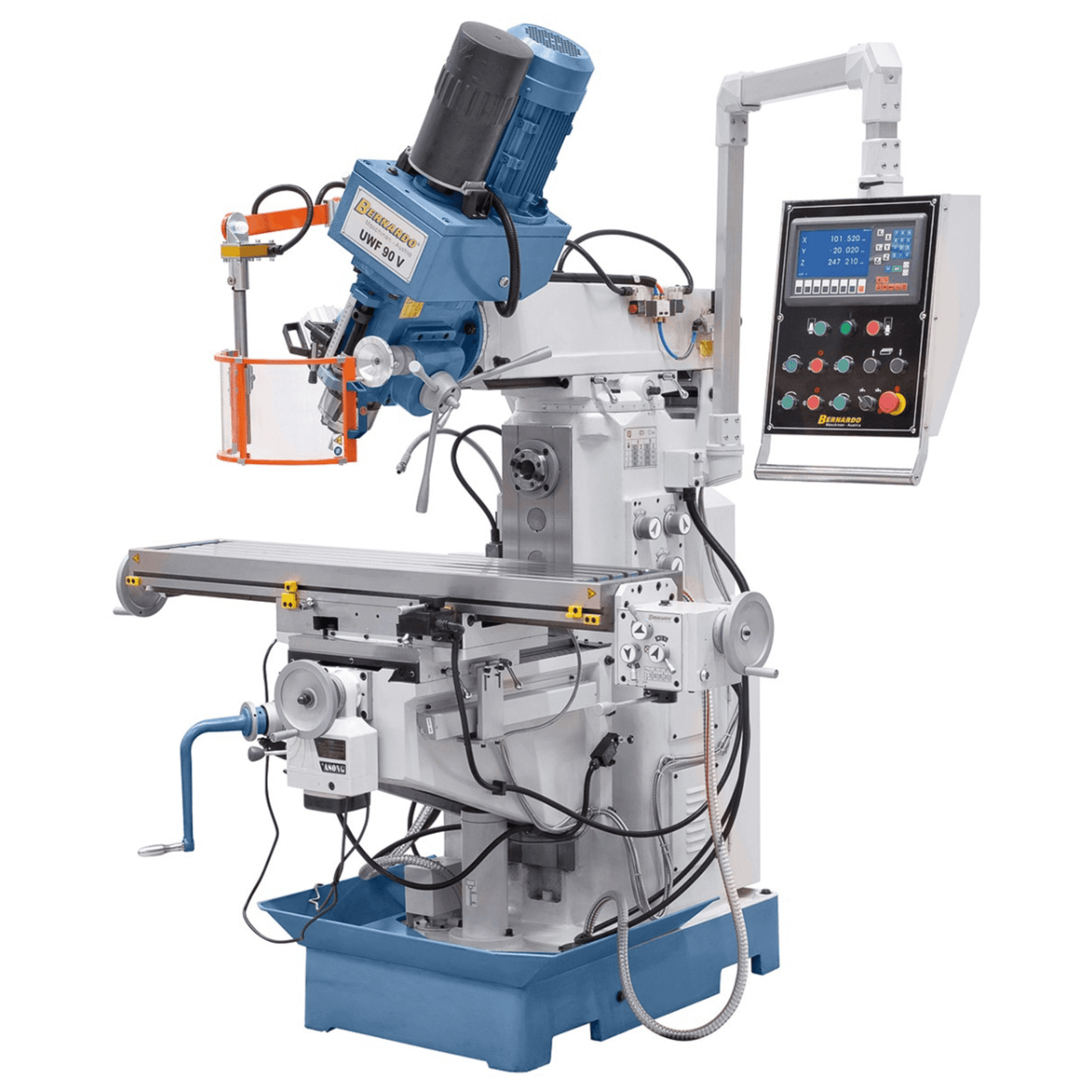 Bernardo UWF 90 V Universalfräsmaschine mit pneumatischer Spannvorrichtung DIN 2080 – ISO 40, Doppelspindel, 1270 × 280 mm Tisch, 3-Achsen-Digitalanzeige