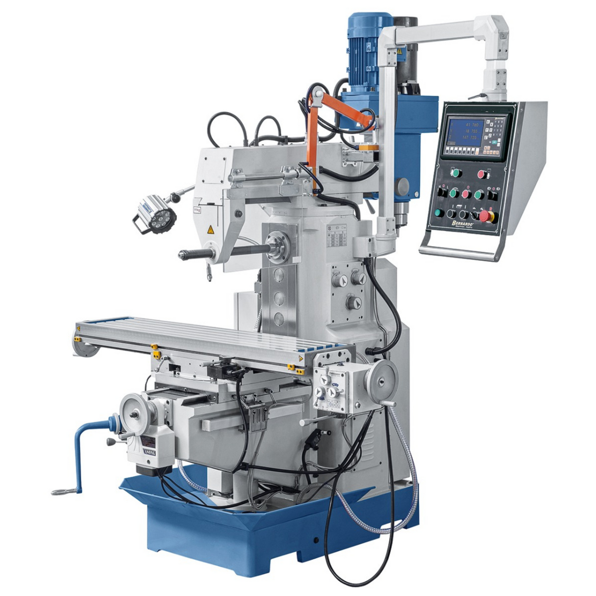 Bernardo UWF 90-1270 Universalfräsmaschine mit Digitalanzeige ES-12 H + pneumatischer Spannvorrichtung DIN 2080 – Tisch 1.270 × 280 mm, ISO 40, vertikale + horizontale Spindeln, 1,5 + 2,2 kW Motor, Gewicht 1.300 kg
