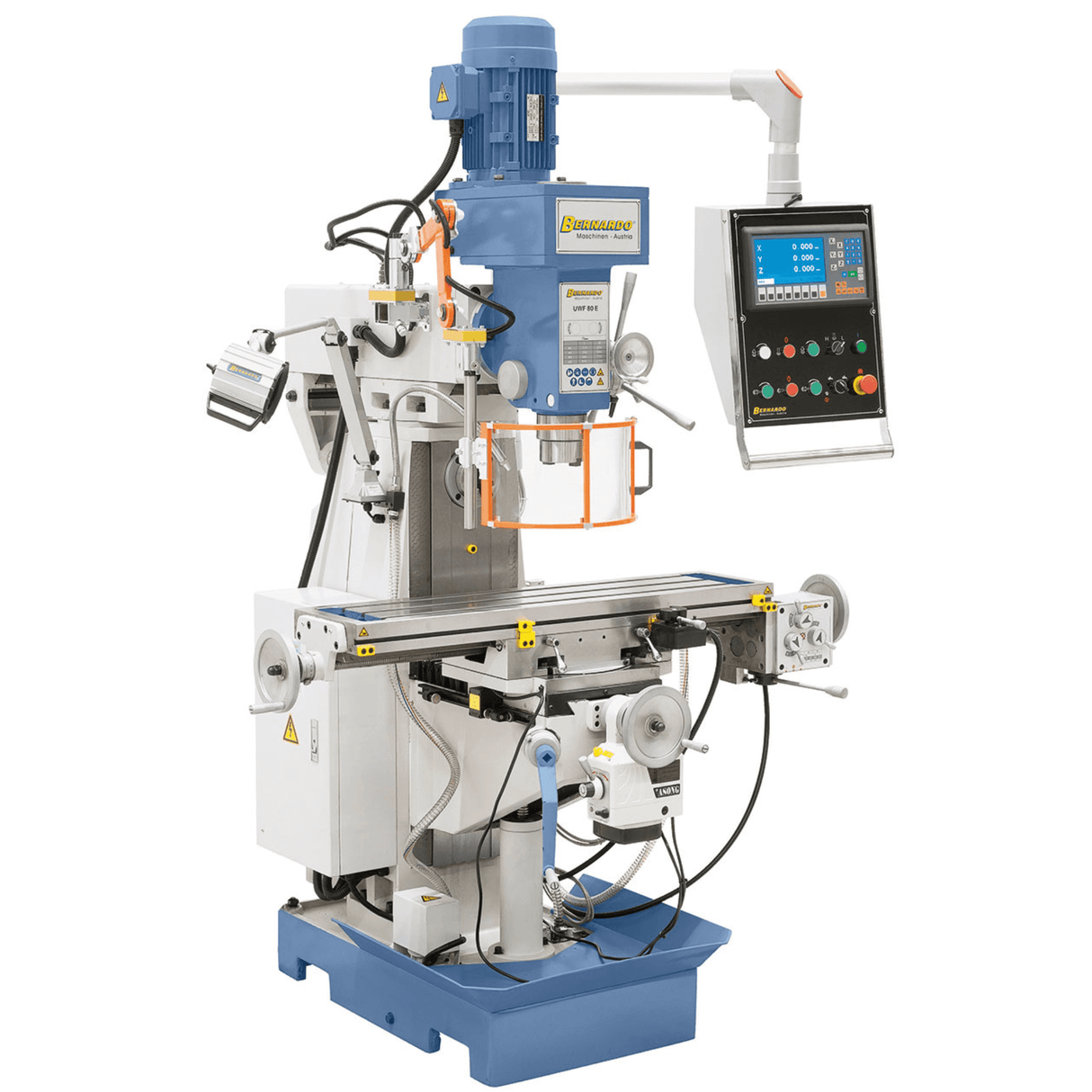 Bernardo UWF 80 E Universal-Fräsmaschine – ISO 40 vertikal und horizontal, 3-Achsen-Digitalanzeige ES-12 H, 1000×240 mm Tisch neigbar ±45°
