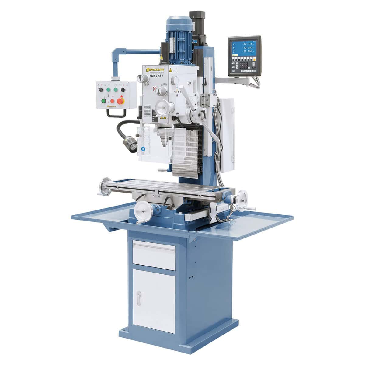 Trapano-fresatrice Bernardo FM 50 HSV cambio 12 velocità 75-3.200 rpm con motore sollevamento testa e DRO 3 assi