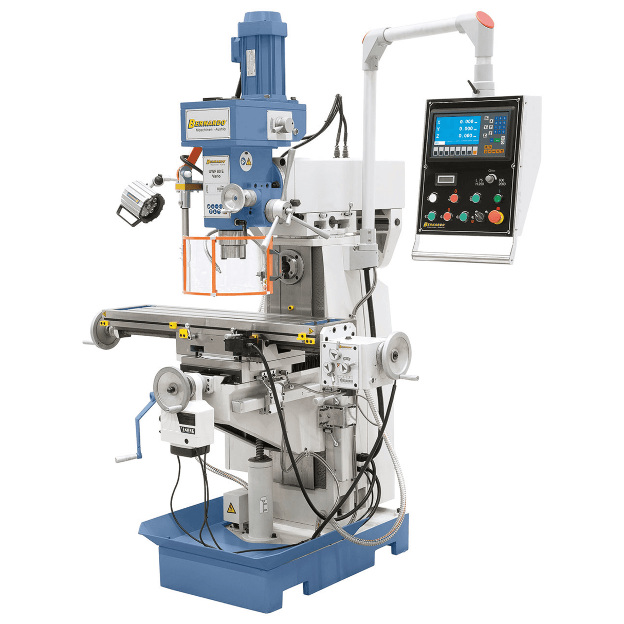 Bernardo UWF 80 E Vario Universalfräsmaschine – ISO 40, Vertikalspindel mit variabler Drehzahl (Delta-Frequenzumrichter), 3-Achsen-Digitalanzeige ES-12 H
