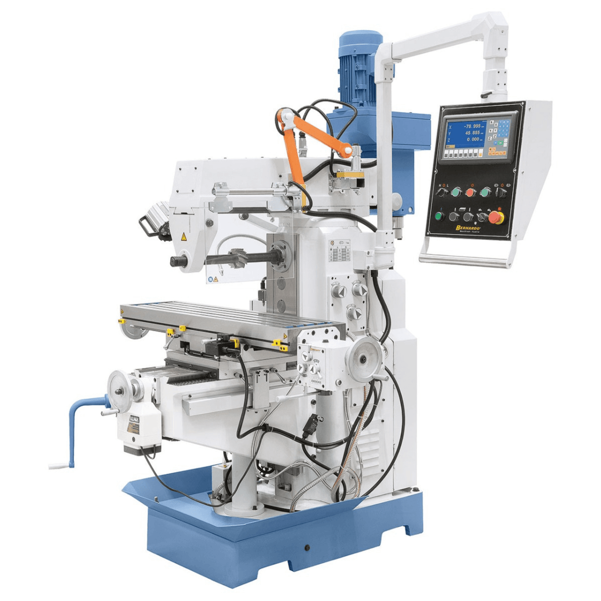 Bernardo UWF 90-1270 Universalfräsmaschine – ISO 40, Doppelspindel, 1270 × 280 mm Tisch, 0,85/1,5 kW Vertikalmotor, 3-Achsen-Digitalanzeige