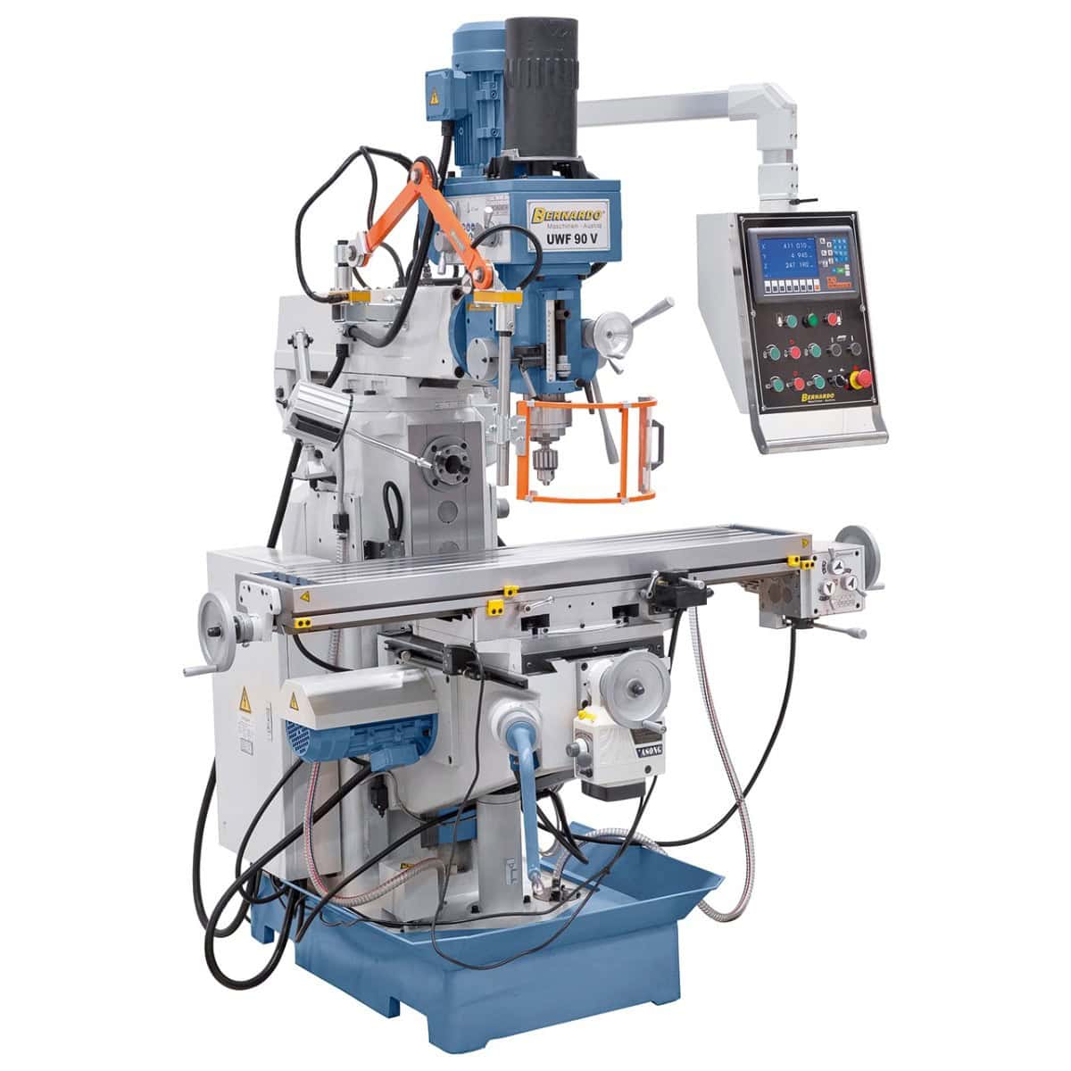 Bernardo UWF 90 V Universalfräsmaschine mit pneumatischer Spannvorrichtung DIN 2080 – ISO 40, Doppelspindel, 1270 × 280 mm Tisch, 3-Achsen-Digitalanzeige