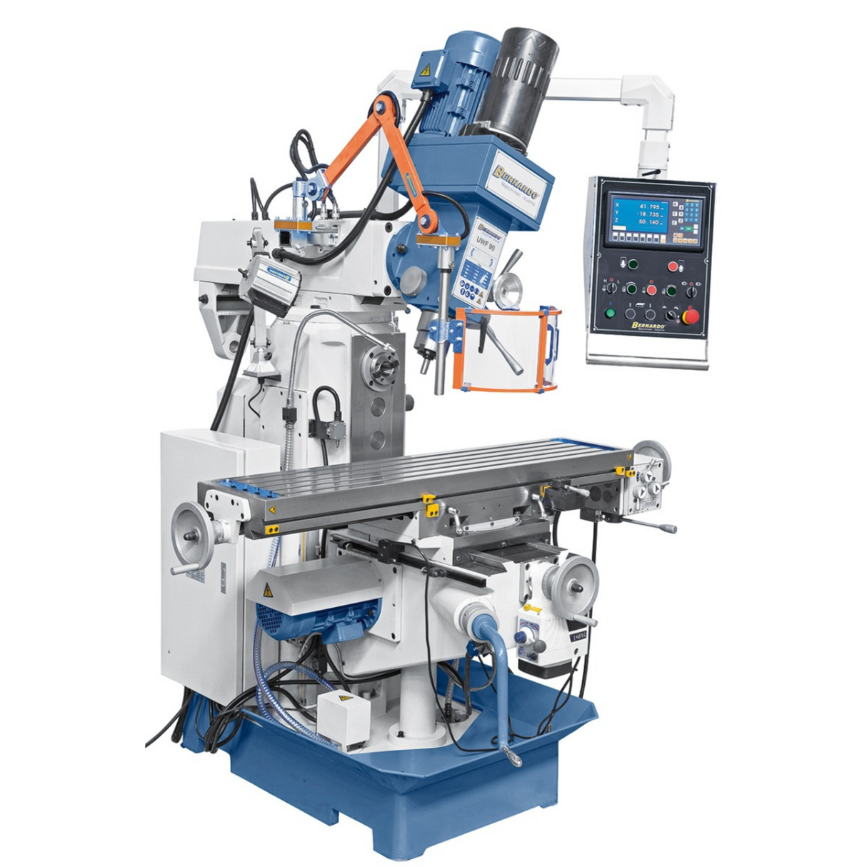 Bernardo UWF 90-1270 Universalfräsmaschine mit Digitalanzeige ES-12 H + pneumatischer Spannvorrichtung DIN 2080 – Tisch 1.270 × 280 mm, ISO 40, vertikale + horizontale Spindeln, 1,5 + 2,2 kW Motor, Gewicht 1.300 kg