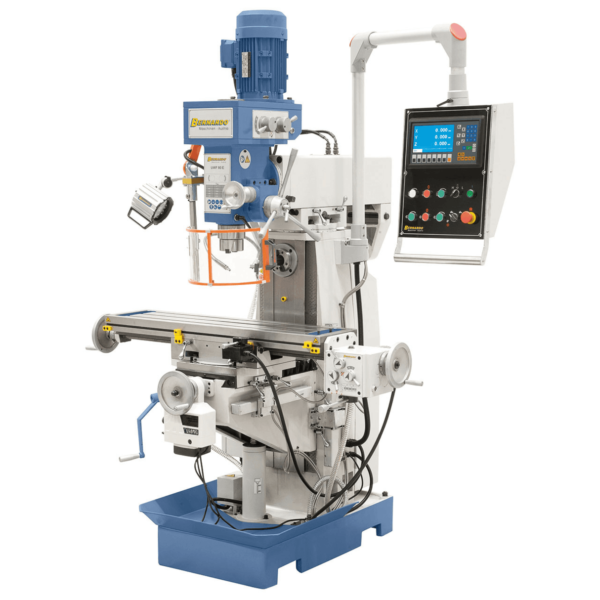 Bernardo UWF 80 E Universal-Fräsmaschine – ISO 40 vertikal und horizontal, 3-Achsen-Digitalanzeige ES-12 H, 1000×240 mm Tisch neigbar ±45°