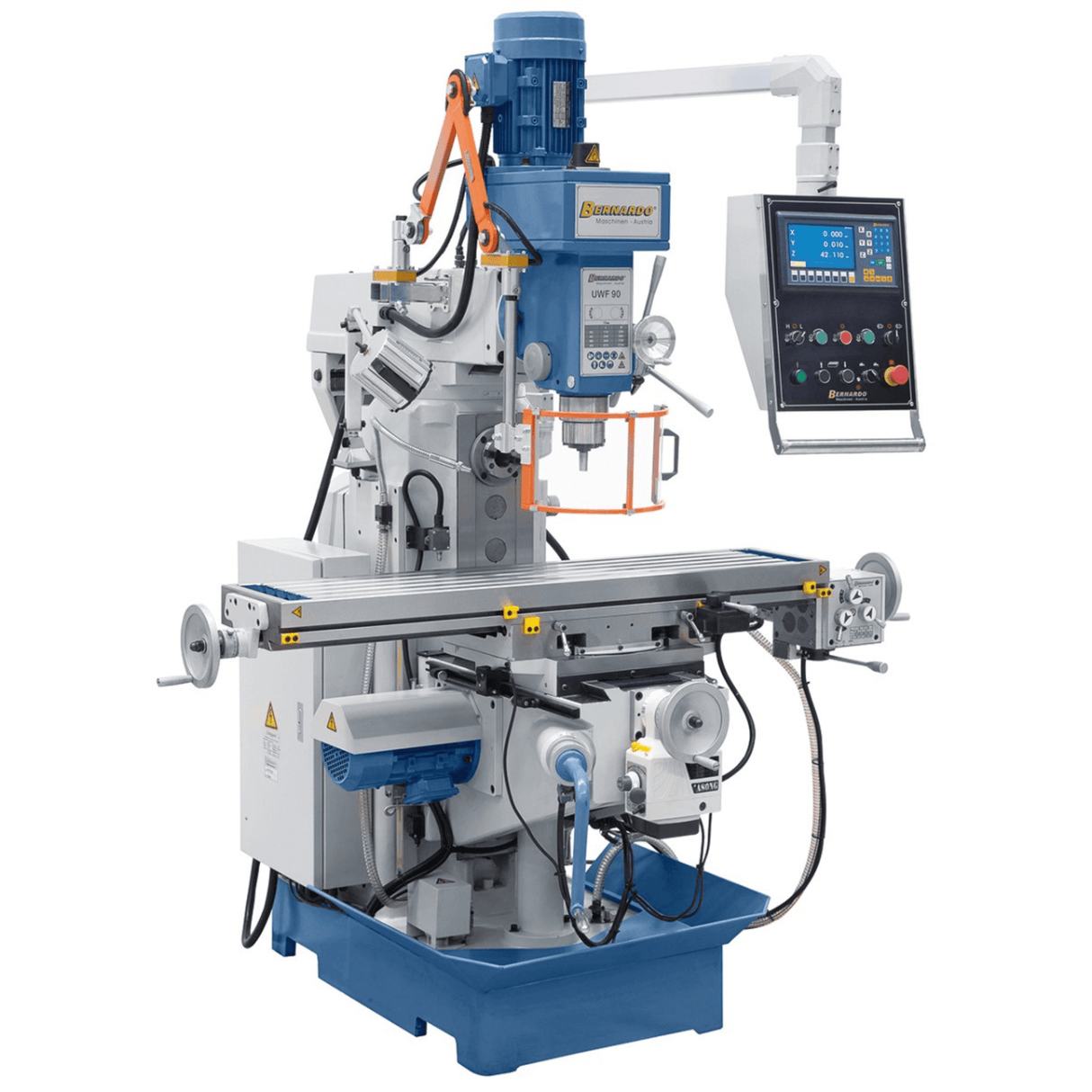 Bernardo UWF 90-1270 Universalfräsmaschine – ISO 40, Doppelspindel, 1270 × 280 mm Tisch, 0,85/1,5 kW Vertikalmotor, 3-Achsen-Digitalanzeige
