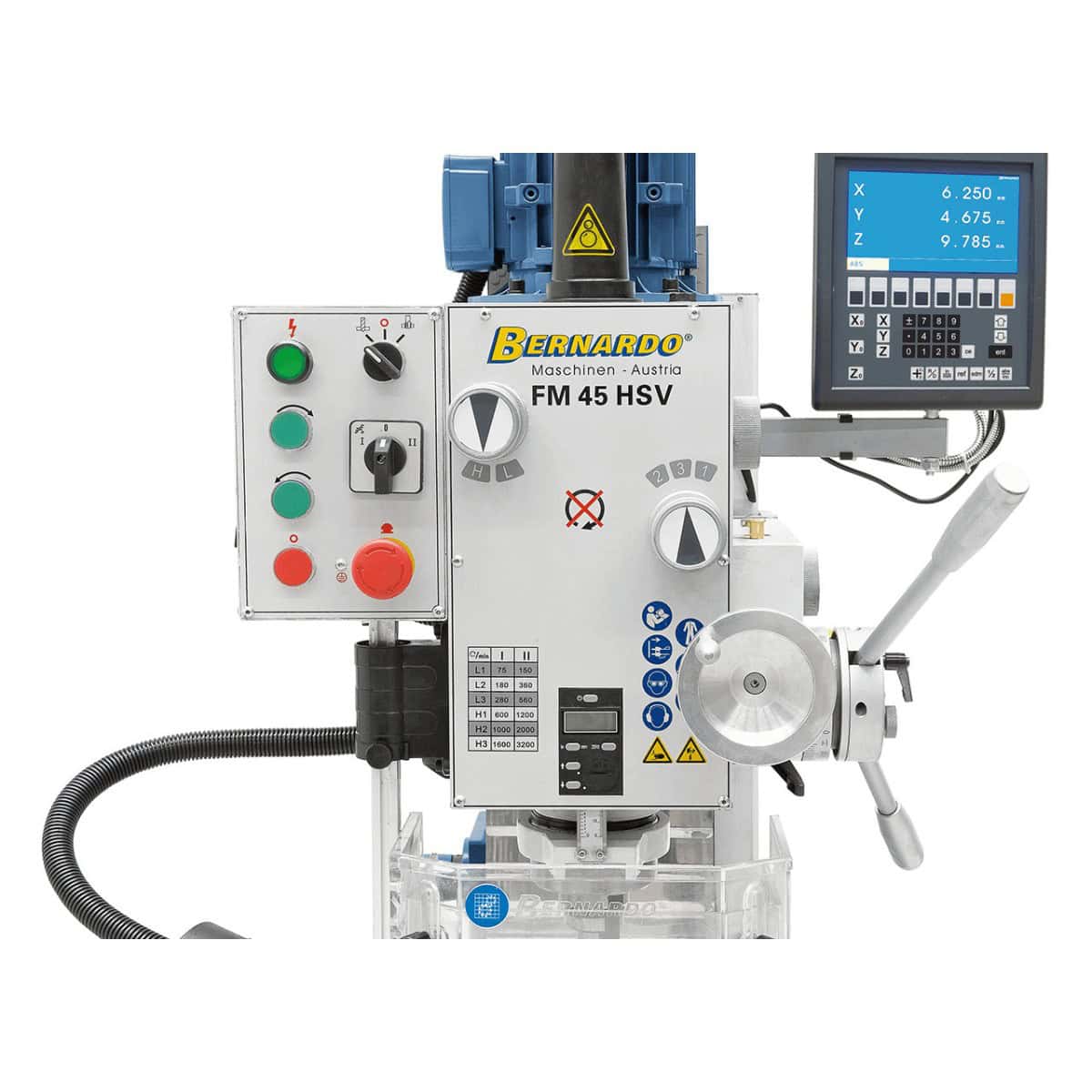 Bernardo FM 45 HSV 12-Gang-Bohr-/Fräsmaschine, 75–3200 U/min, mit 3-Achs-Digitalanzeige, ES-12 V