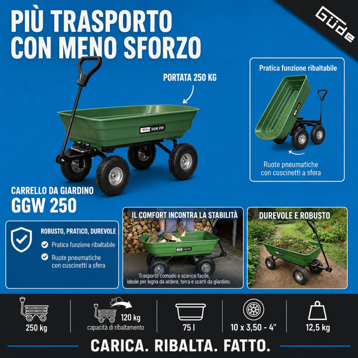 Carretto da Giardino Güde GGW 250 - 250kg Carico Vasca 75