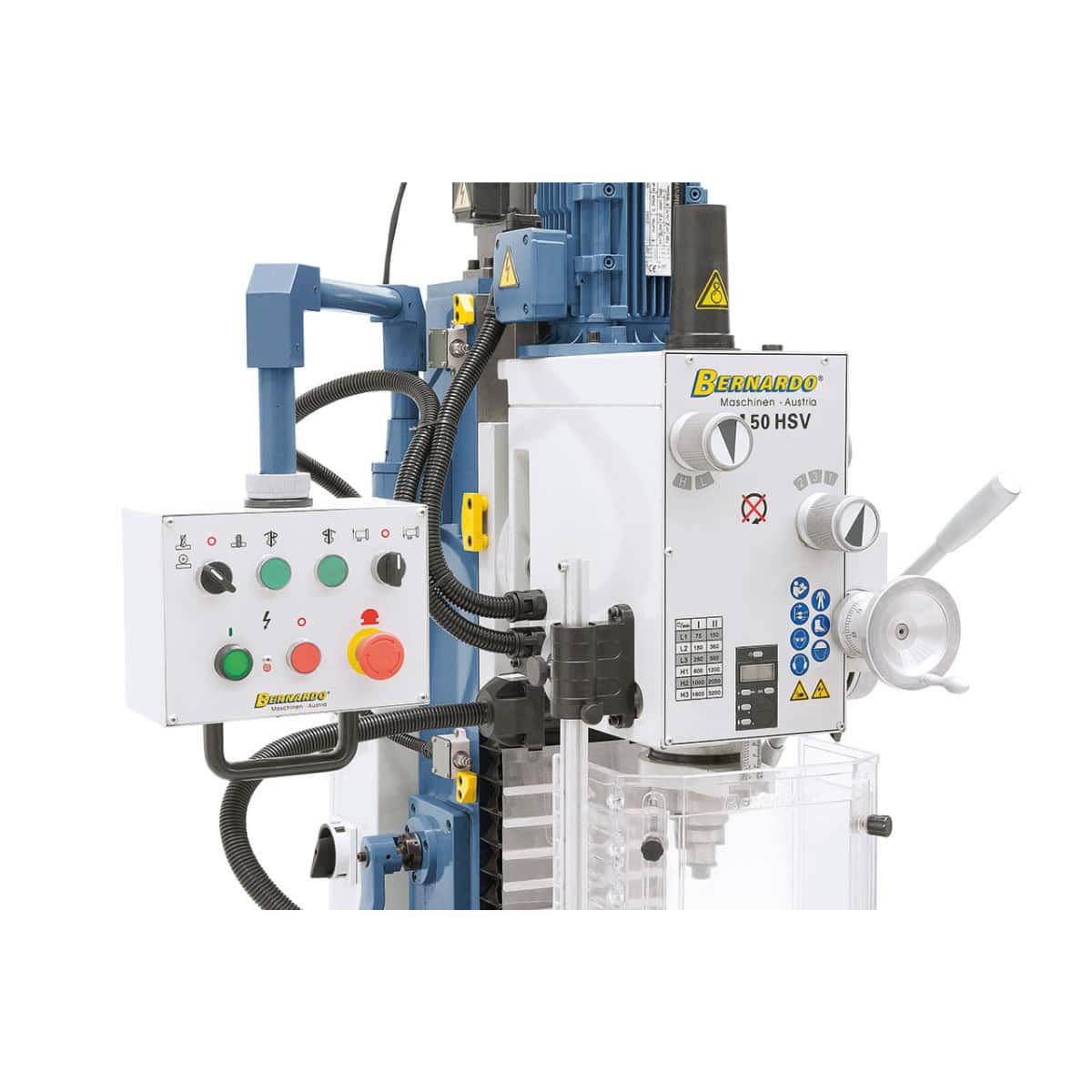 Trapano-fresatrice Bernardo FM 50 HSV cambio 12 velocità 75-3.200 rpm con motore sollevamento testa e DRO 3 assi