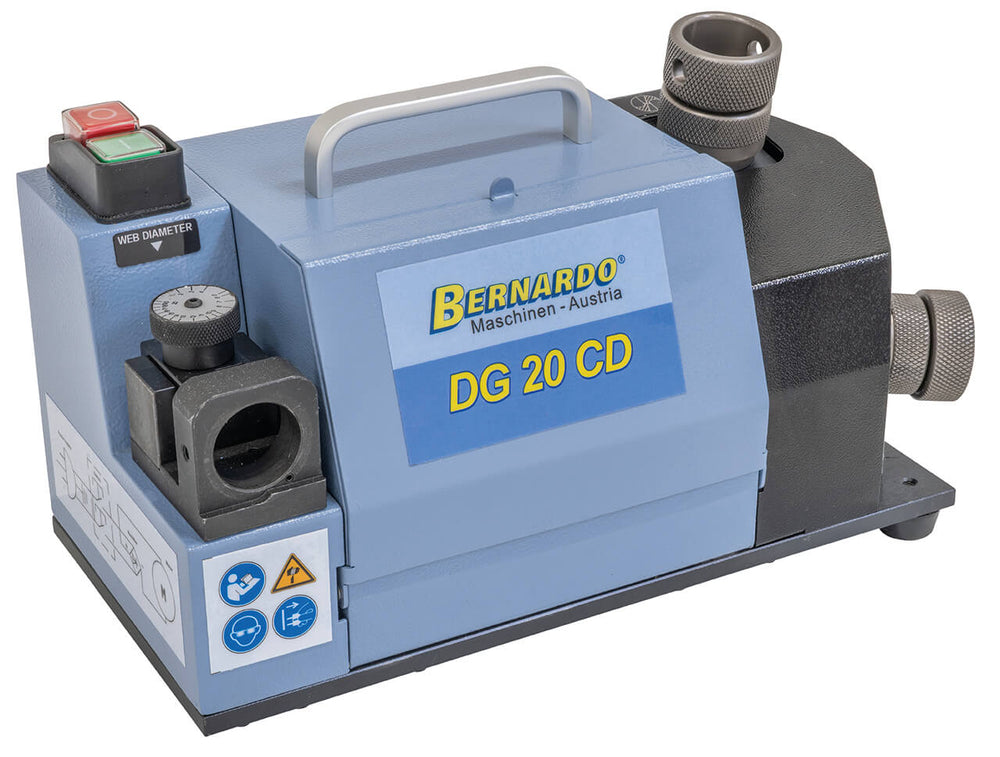 Affilatrice Bernardo DG 20 CD per punte trapano Ø 4–20 mm, con mola SDC e set pinze ER 20/25 incluse.