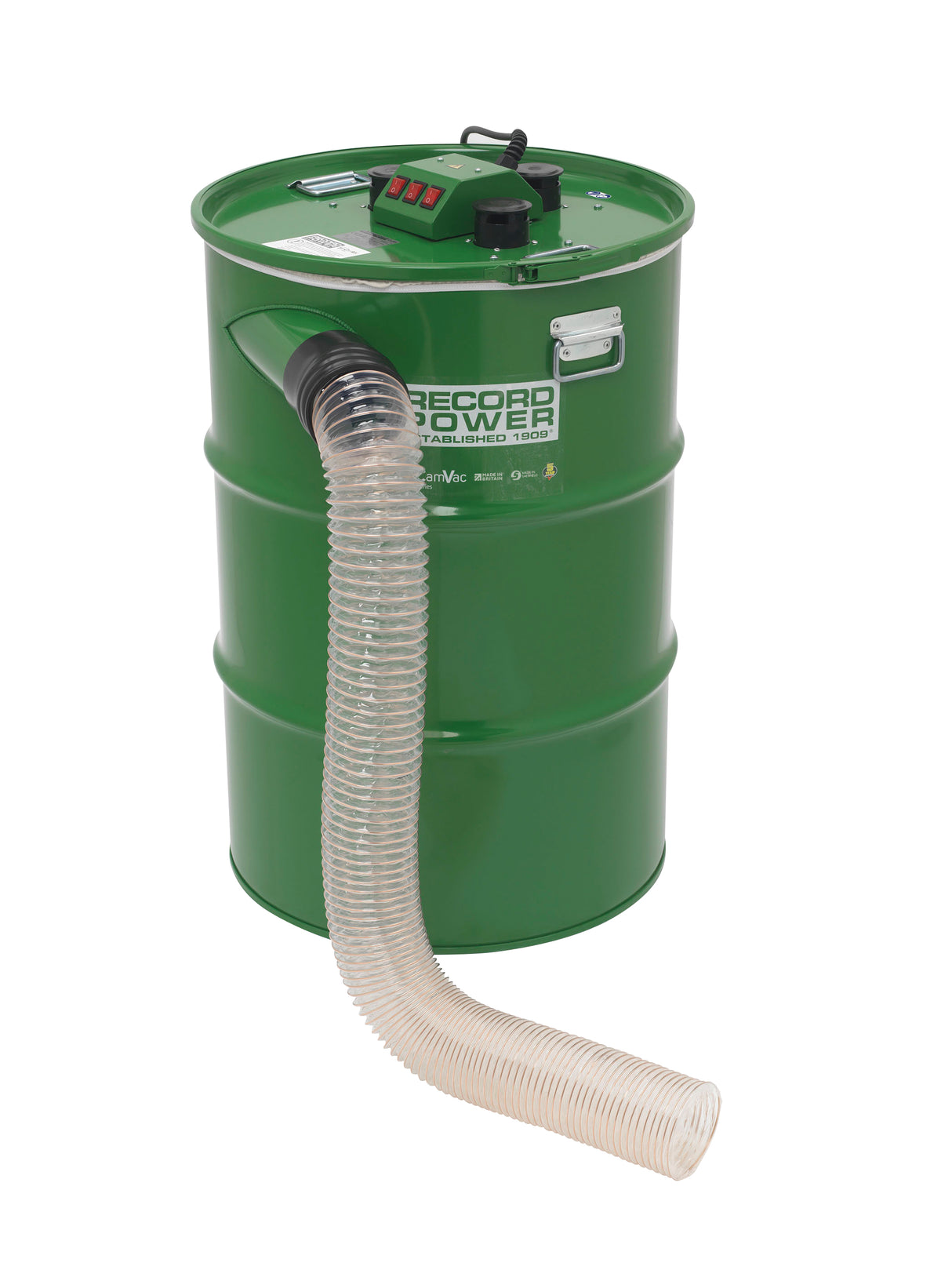 Aspiratore CamVac Record Power CGV486-6 con capacità da 200 litri e tre motori da 1 kW, progettato per uso intensivo in officine e falegnamerie professionali.