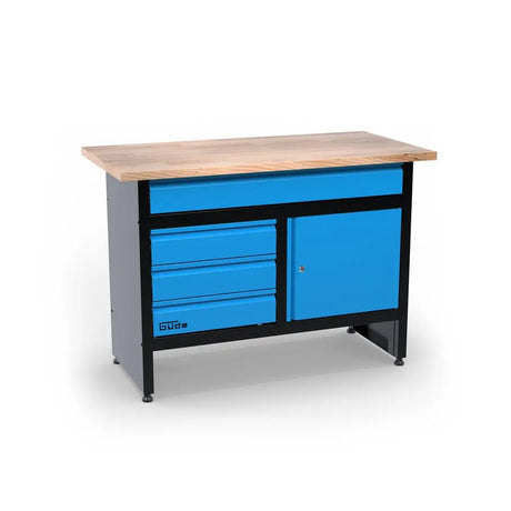 Banco da lavoro Güde GW 3/1 Eco Line con piano in legno di gomma massello, quattro cassetti a estrazione totale e anta chiudibile, ideale per officina e garage.
