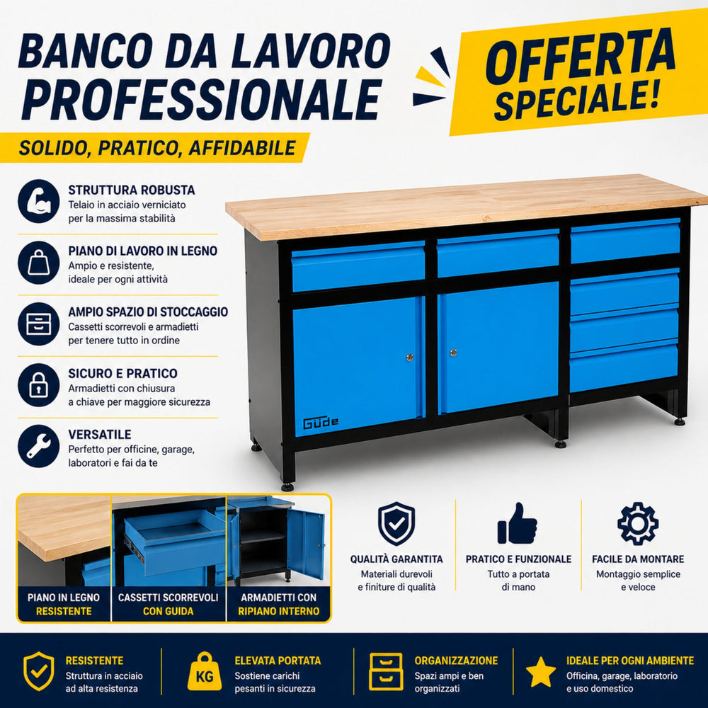 Banco da lavoro Güde GW 6/2 XL con capacità di carico fino a 300 kg, dotato di 6 cassetti e 2 ante, ideale per officina e organizzazione efficiente degli utensili.