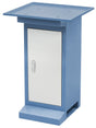 Base Bernardo BF 2 in acciaio verniciato RAL 5014 blu colomba, dotata di sportello con chiave, ripiano interno e vasca raccoglitruccioli integrata.
