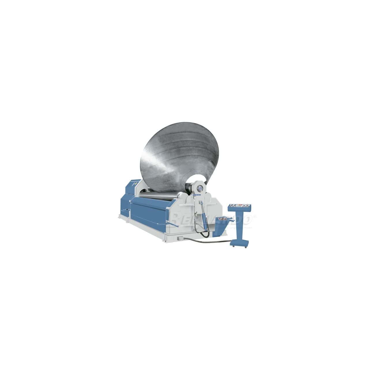 Calandra idraulica Bernardo AHS 3100 – 10,0 a 4 rulli, capacità 13 mm x 3100 mm, motore 11 kW, peso 9 tonnellate.