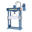Pressa idraulica Bernardo BHP 100 da 100 ton con cilindro scorrevole, piano regolabile e manometro integrato, ideale per applicazioni industriali pesanti.