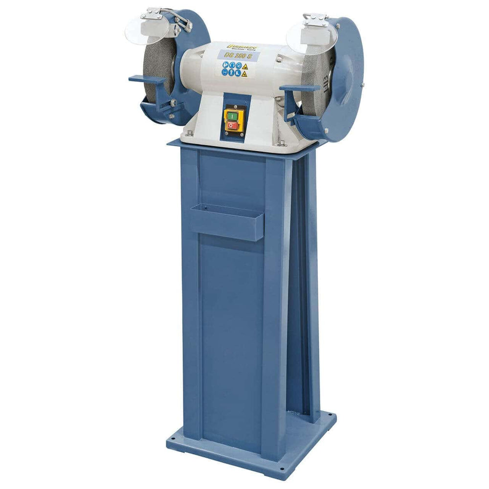 Smerigliatrice doppia Bernardo DS 250 S con due mole Ø250 mm K36/K80, supporti pezzo regolabili e protezioni scintille.