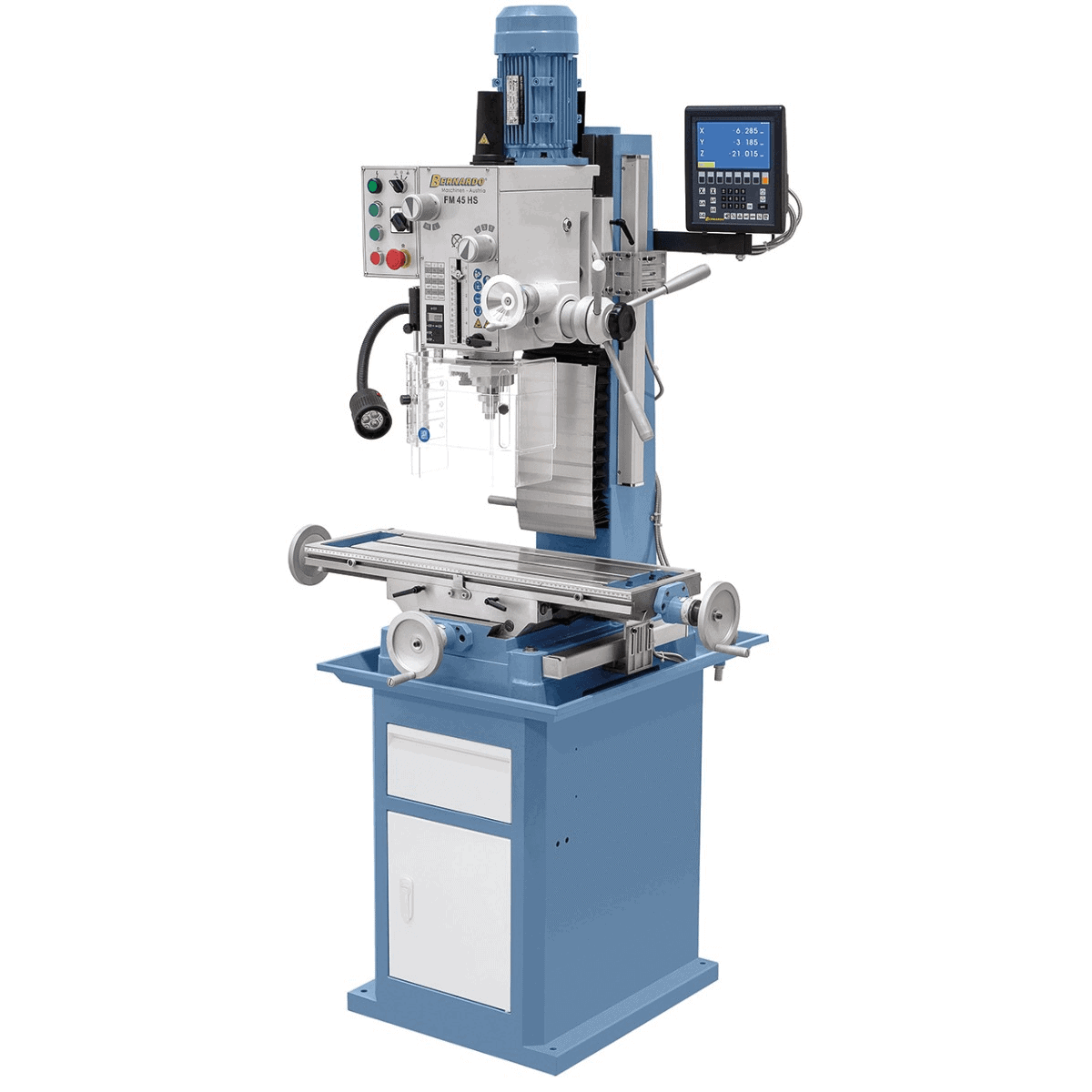 Trapano-fresatrice Bernardo FM 45 HS con testa inclinabile -60°/+60°, tavola 800 x 240 mm, cambio a ingranaggi, motore 1,5 kW e display digitale ES-12 V.