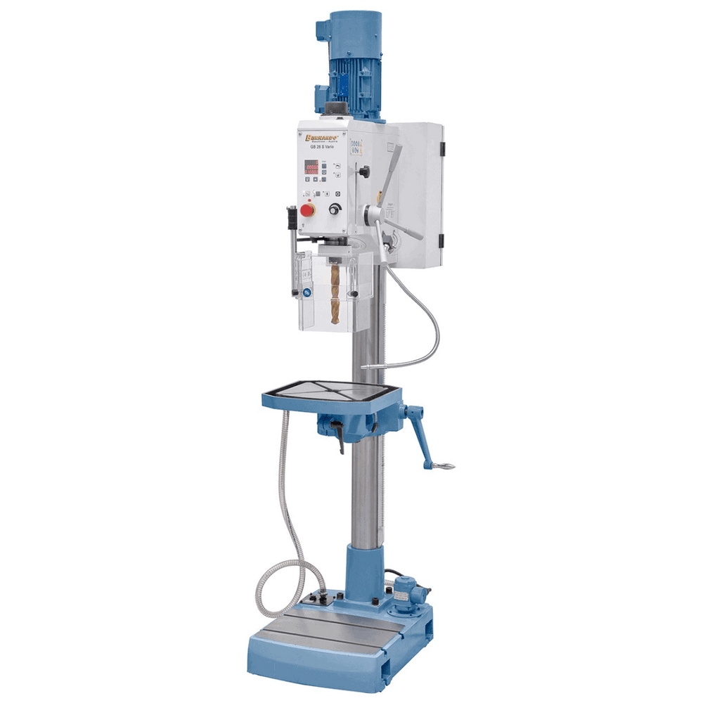 Trapano a colonna Bernardo GB 28 S Vario con tavola in ghisa inclinabile, velocità variabile, display digitale e base con pompa di refrigerazione integrata.
