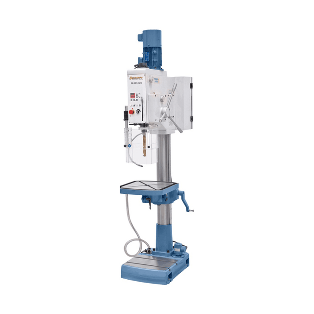 Trapano a colonna Bernardo GB 32 S Vario con velocità variabile, testa inclinabile, tavola girevole 460 x 460 mm, pompa di refrigerazione e avanzamenti automatici del mandrino.