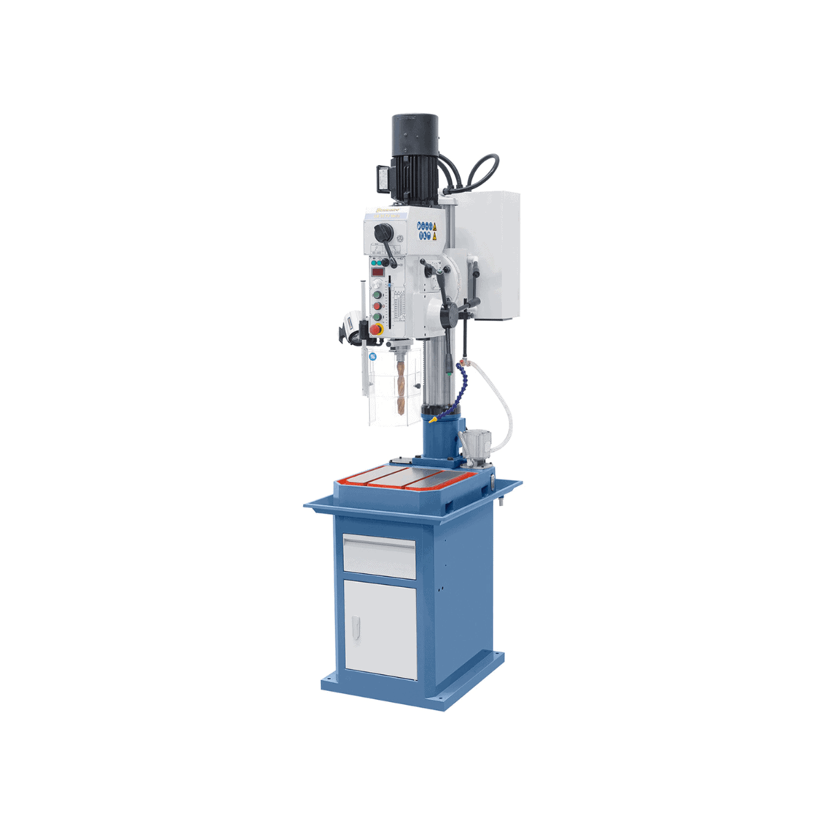 Trapano a colonna Bernardo GB 35 TV Vario con testa inclinabile, velocità variabile, avanzamenti automatici, dispositivo di filettatura e base con pompa di refrigerazione integrata.