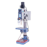 Trapano a ingranaggi Bernardo GB 55 NC Vario con touchscreen, 6 avanzamenti automatici, tavola inclinabile e pompa refrigerante integrata. Capacità di foratura fino a 50 mm.