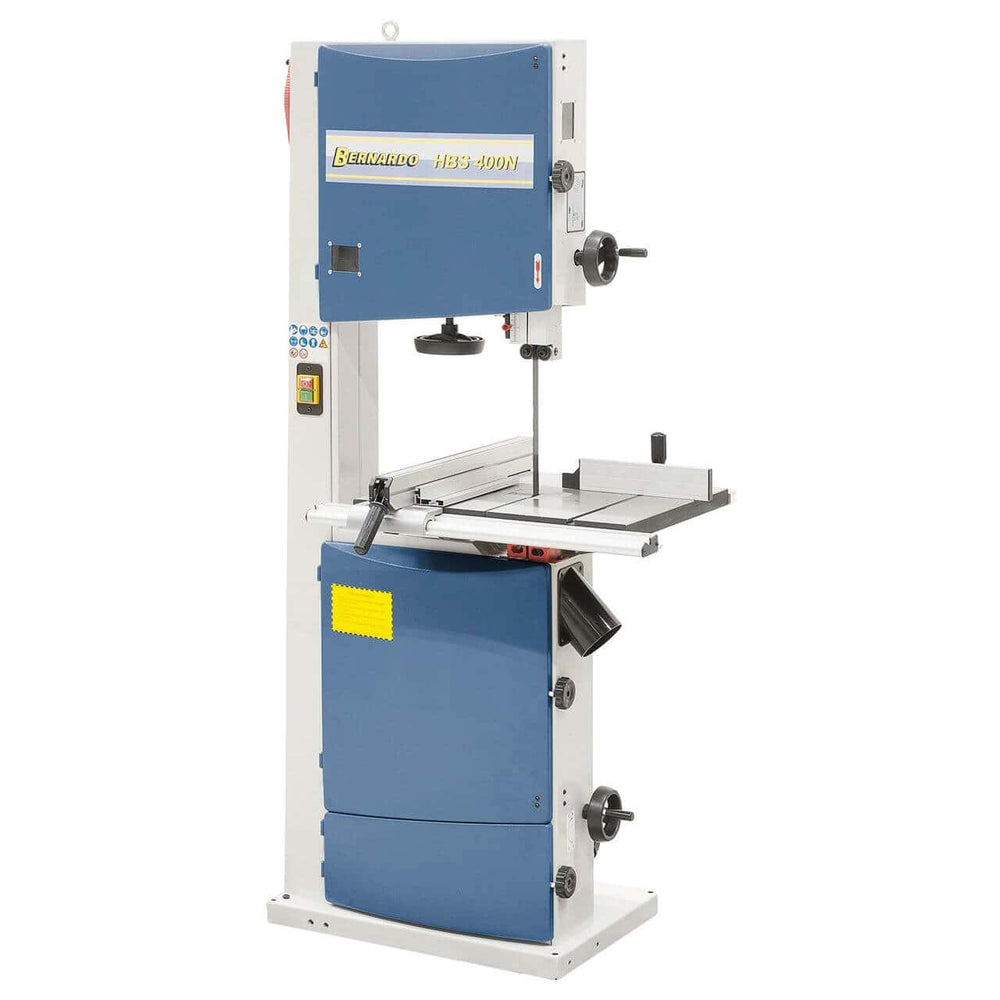 Sega a nastro per legno Bernardo HBS 400 N con capacità di taglio 410 × 260 mm, motore con freno e tavolo inclinabile.