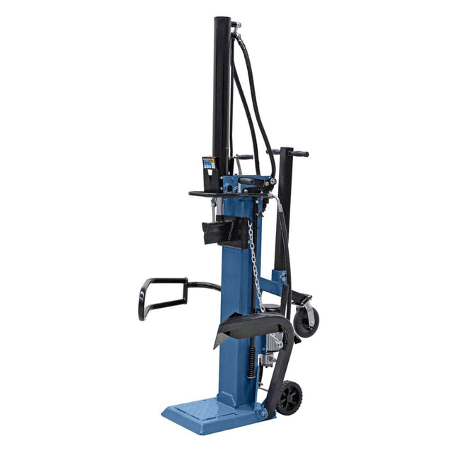 Spaccalegna Bernardo HS 14 E, verticale ed elettrico, con forza di spaccatura da 14 tonnellate, motore trifase 3,5 kW, corsa pistone 850 mm, sollevatore tronchi e carrello con ruote.