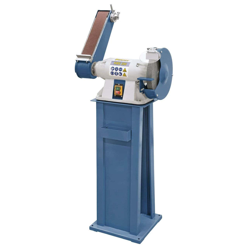 Smerigliatrice combinata Bernardo MS 250 con mola Ø250 mm, nastro 1016 × 75 mm, griffe inclinabile e motore 400 V.