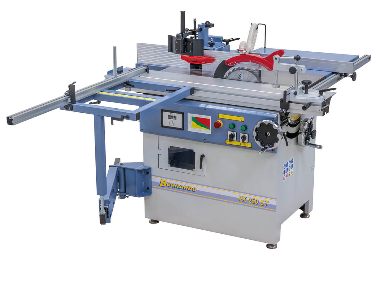 Sega circolare-fresatrice Bernardo FK 250 ST con lama Ø 250 mm e toupie Ø 30 mm, struttura robusta da 202 kg per falegnameria professionale.