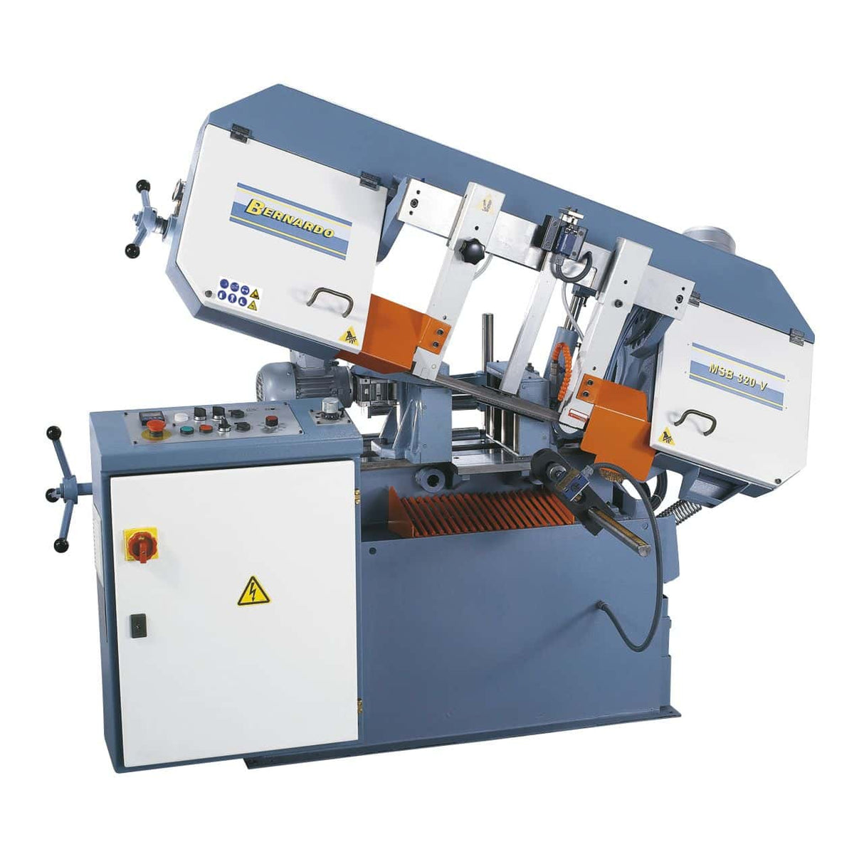 Sega a nastro automatica Bernardo MSB 320 V con rulli motorizzati, programmazione per serie di tagli e velocità variabile.