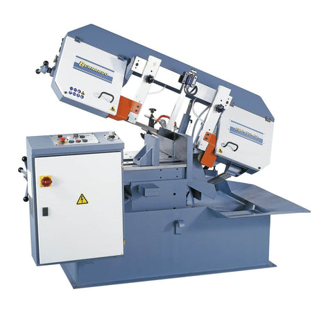 Sega a nastro semiautomatica Bernardo MSB 320 HGL con capacità fino a 610 x 320 mm, sollevamento automatico del braccio e rullo integrato.