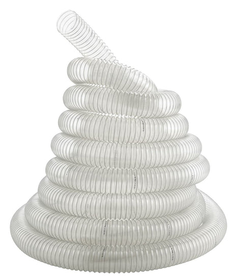 Tubo di aspirazione a spirale Bernardo Ø80 mm, lunghezza 6 m, trasparente e flessibile con spirale in acciaio zincato, ideale per impianti di aspirazione industriali.