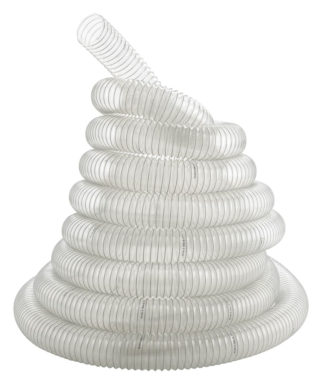 Tubo di aspirazione Bernardo Ø120 mm, lunghezza 6 m, in poliuretano trasparente con spirale in acciaio zincato, flessibile e resistente per sistemi di aspirazione industriale.