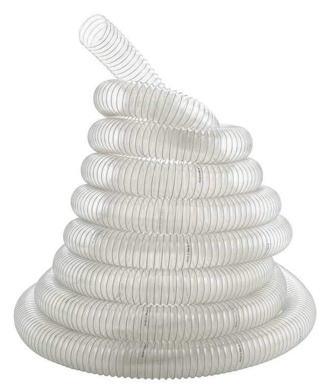 Tubo di aspirazione Bernardo Ø120 mm, lunghezza 6 m, in poliuretano trasparente con spirale in acciaio zincato, flessibile e resistente per sistemi di aspirazione industriale.