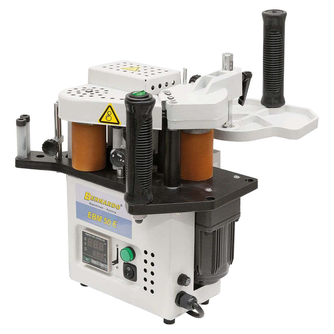 Bordatrice mobile EBM 50 E con banco stazionario, temperatura digitale, rifilatore bordo e valigetta per lavorazioni professionali.