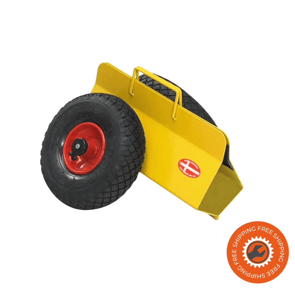 Carrellino porta lastre Ravendo TW 200 L in acciaio giallo con morsetto regolabile 60–160 mm e ruote pneumatiche Ø3.00 x 4/4, ideale per il trasporto di porte, finestre e pannelli fino a 200 kg.
