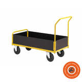 Carrello Ravendo TW 1000 M-LWS in acciaio giallo con sponde basse in legno e ruote solide Ø200 mm, ideale per trasporto di materiali fino a 400 kg.

