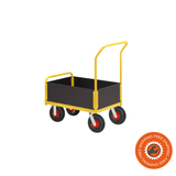Carrello Ravendo TW 750 L-LWS in acciaio giallo con sponde basse in legno e ruote pneumatiche Ø3.00 x 4, ideale per trasporti fino a 400 kg in ambienti industriali e logistici.