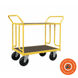 Carrello Ravendo TW 750 MEPS in acciaio giallo con sponde laterali e ruote solide Ø200 mm, ideale per trasporto di materiali fino a 400 kg in magazzini o officine.
