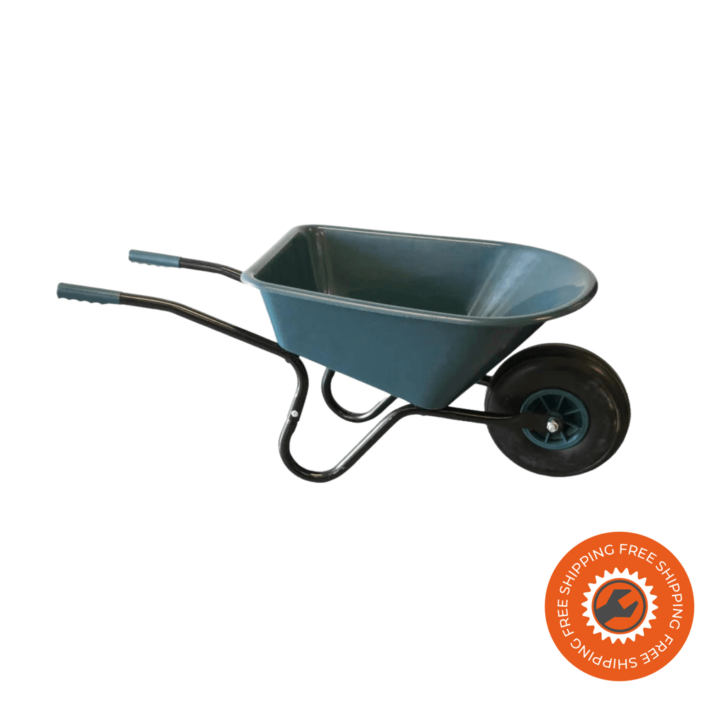 Carriola Ravendo BJ 350 PP PUR Petrol con vasca da 35 litri e ruota antiforatura, ideale per giardinaggio e piccoli lavori.