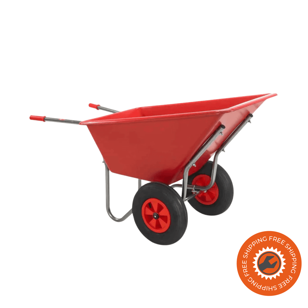 Carriola Ravendo BU 1600-2 PP in acciaio zincato con vasca in PP rosso da 160 litri e ruota pneumatica Ø4.00 x 8, ideale per il trasporto di materiali agricoli e zootecnici fino a 250 kg.
