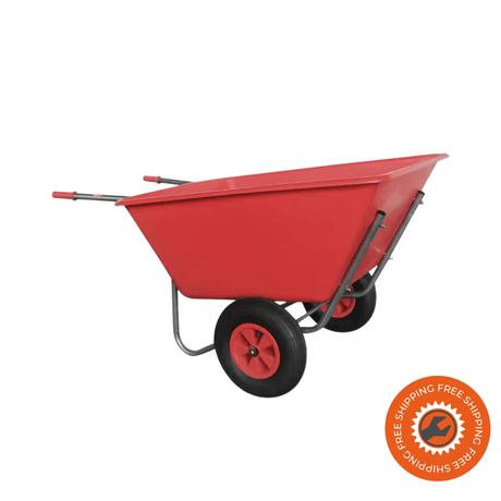 Carriola Ravendo BU 2700 PP PUR in acciaio zincato e vasca in PP rosso da 270 litri, con ruota in PUR piena Ø4.00 x 8 antiforatura, ideale per uso agricolo e professionale.
