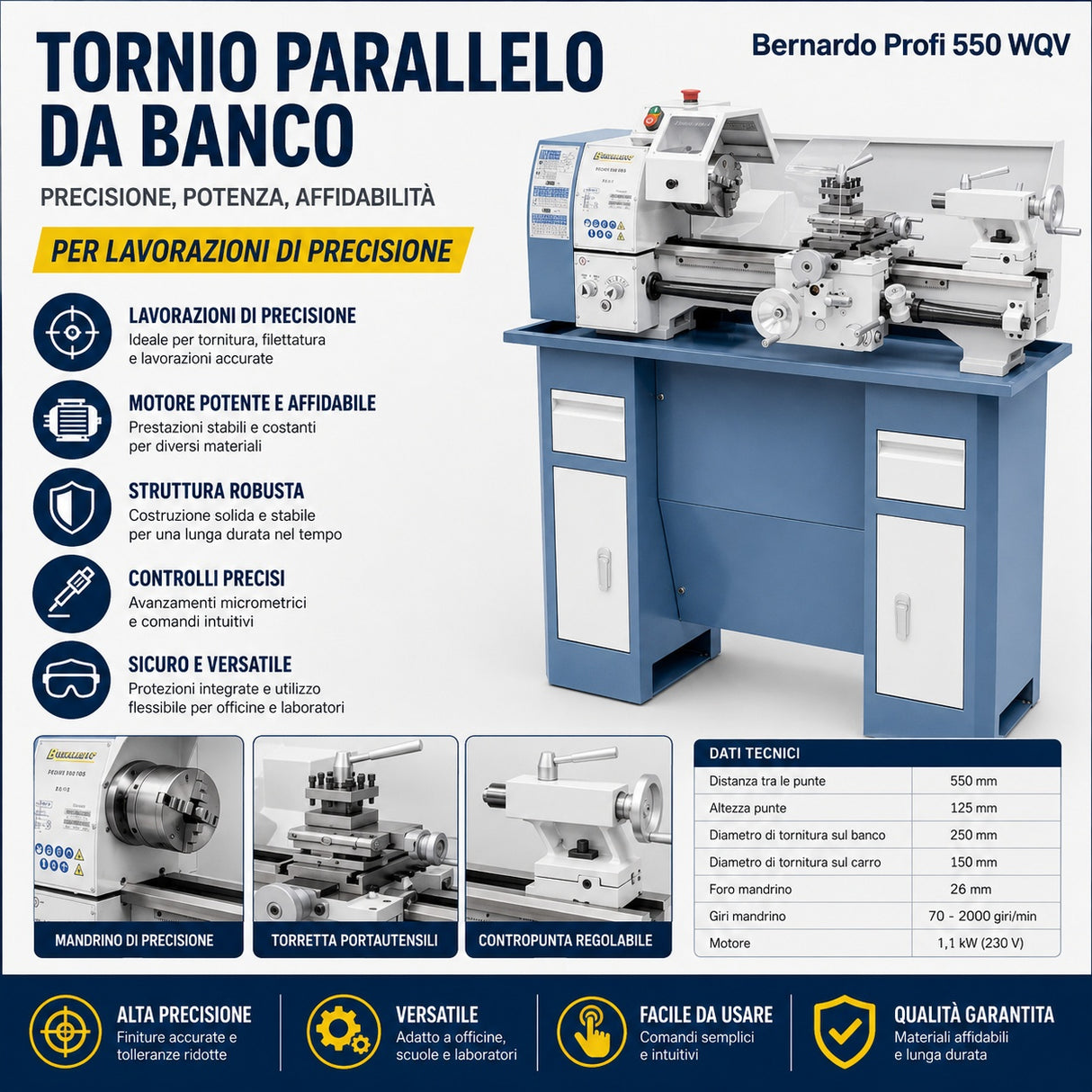 Bernardo Profi 550 WQ Metalldrehmaschine – Spitzenweite 550 mm, Ø 250 mm auf der Werkbank, Spindelbohrung Ø 26 mm, Kegel MT 4, Motor 0,75 kW 230 V einphasig, Gewicht 120 kg