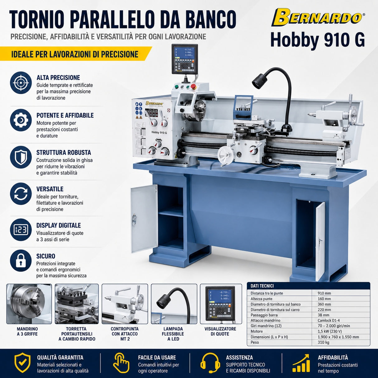 Bernardo Hobby 910 G 230V / 400V Metalldrehmaschine mit 3-Achsen-Digitalanzeige ES-12 V